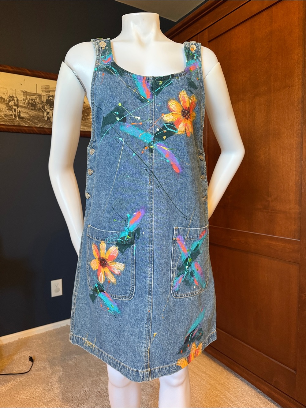Hand painted Blue Denim Floral Pinafore Dress